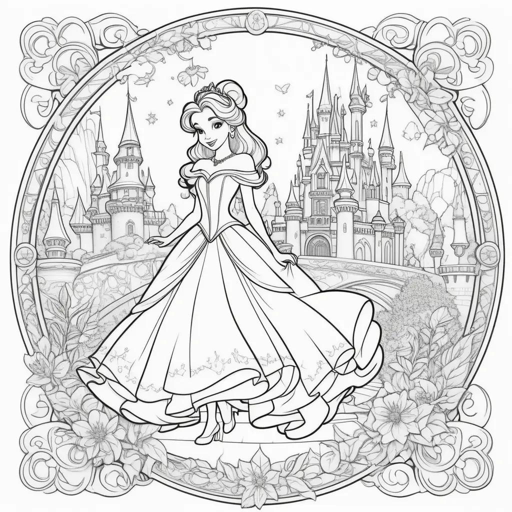 Disney coloring pages with Belle, castle and flowers