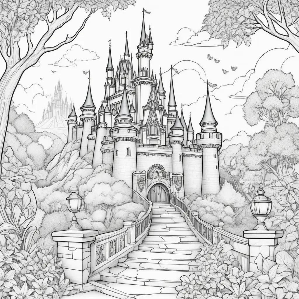 Disney coloring pages with castle, trees and stairs