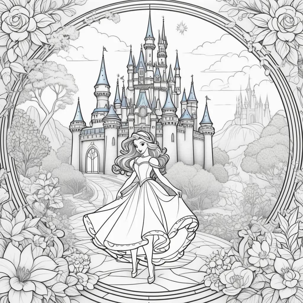 Disney coloring pages with princess Belle and castle