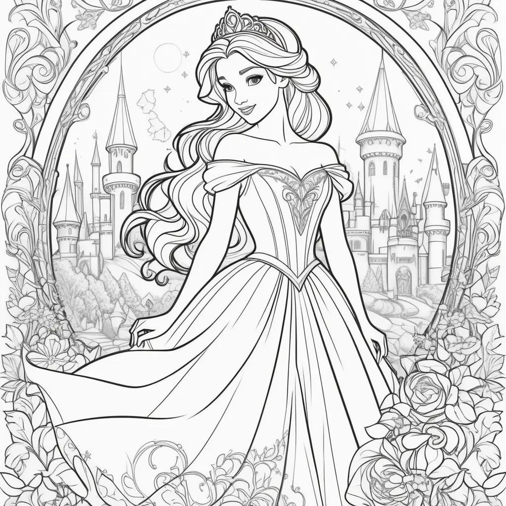 Disney princess coloring book pages with princess Belle and castle