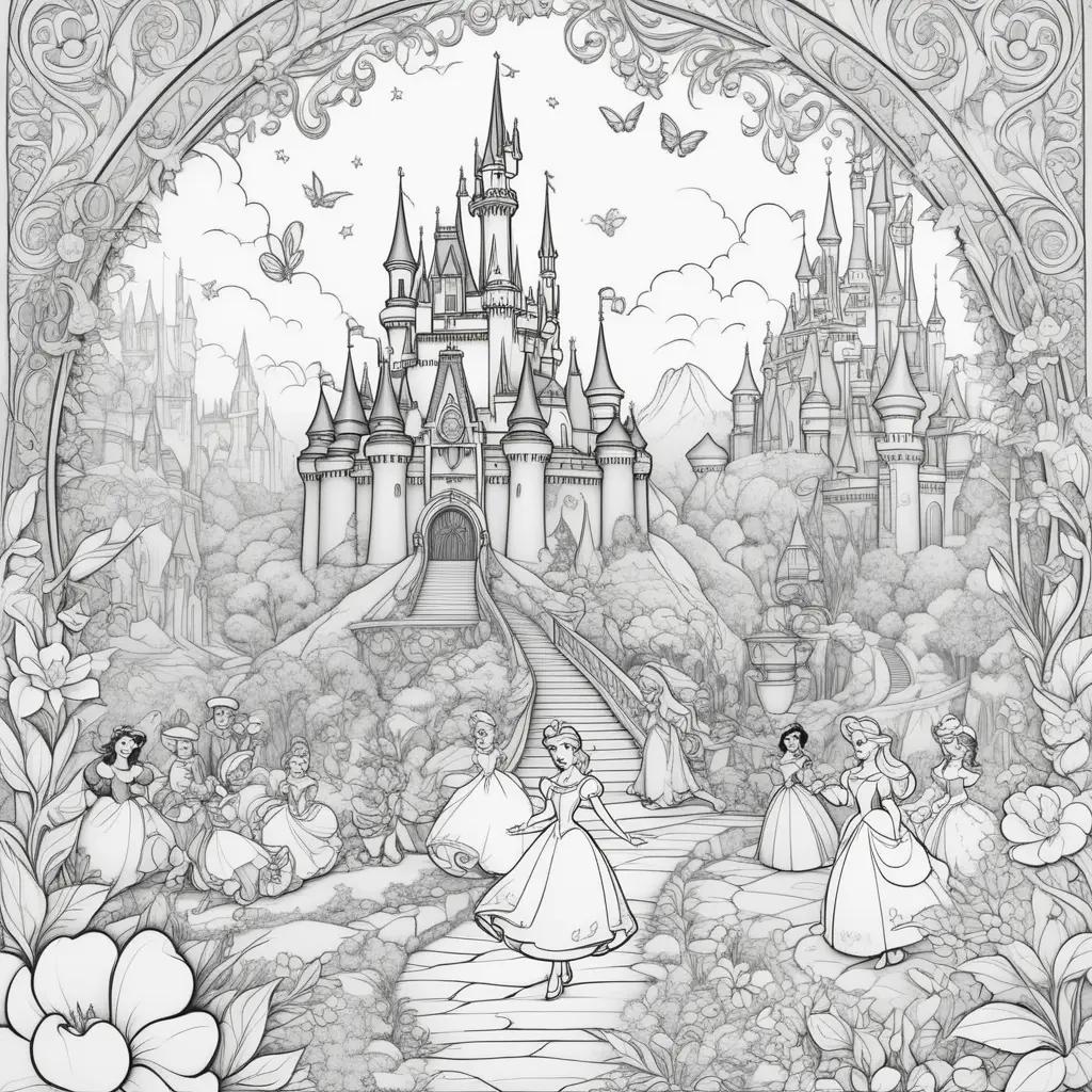 Disney princess coloring pages: princesses, castles, and flowers