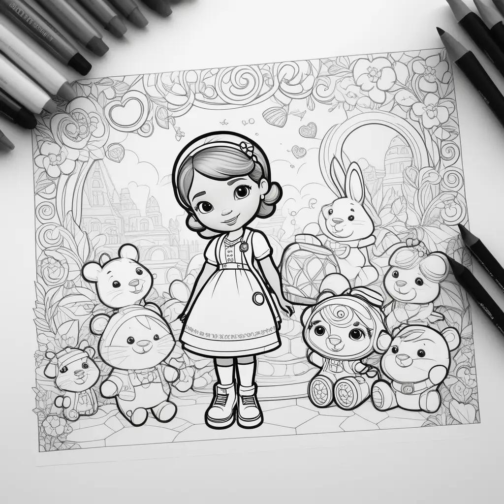 Doc McStuffins coloring pages featuring a girl and stuffed animals