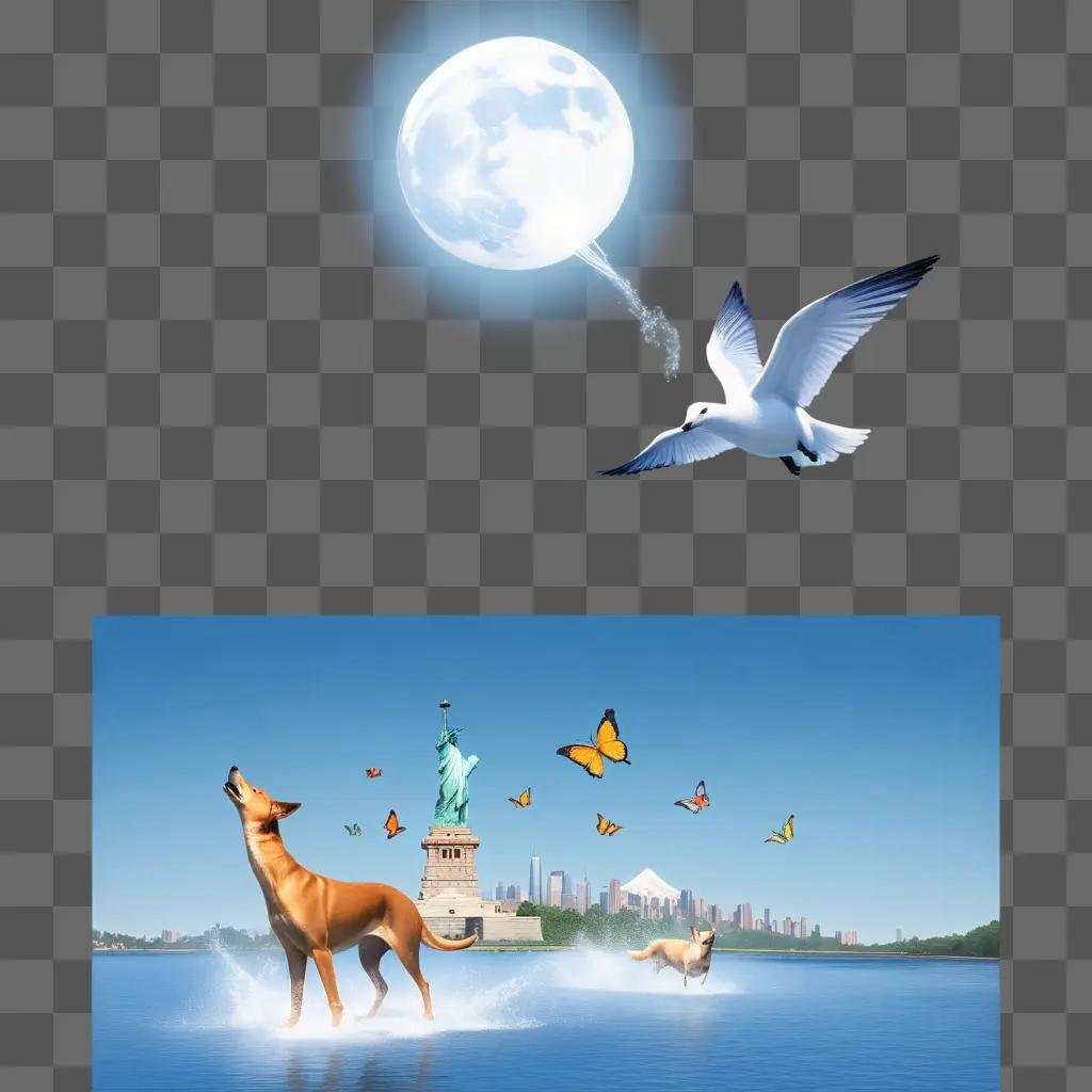 Dog and birds in the ocean, moon and sky above