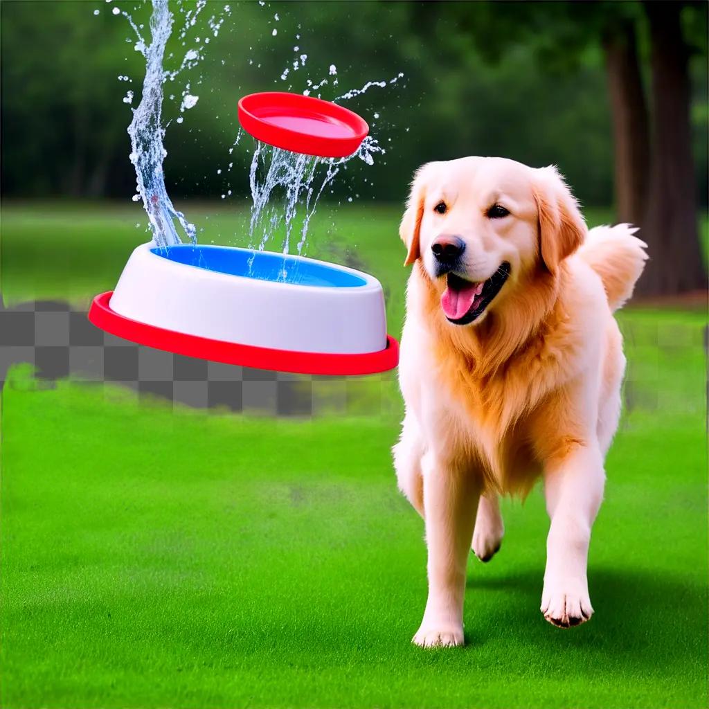 Dog chasing water bowl in the grass