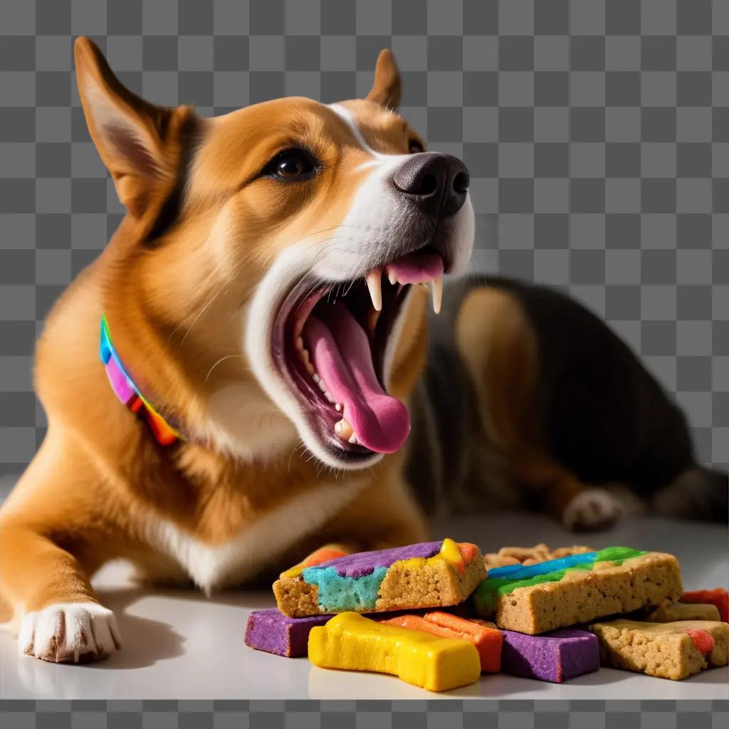 Dog chews on colorful treats on table