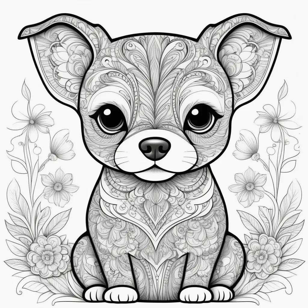 Dog color page with floral pattern and black and white