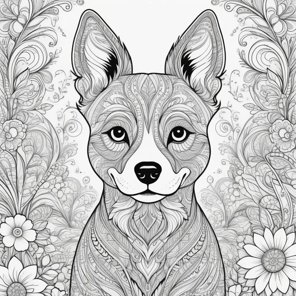 装飾的な背景に花が描かれた犬のカラーページ