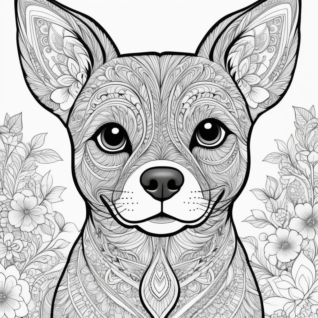 複雑なデザインと花の犬のカラーページ