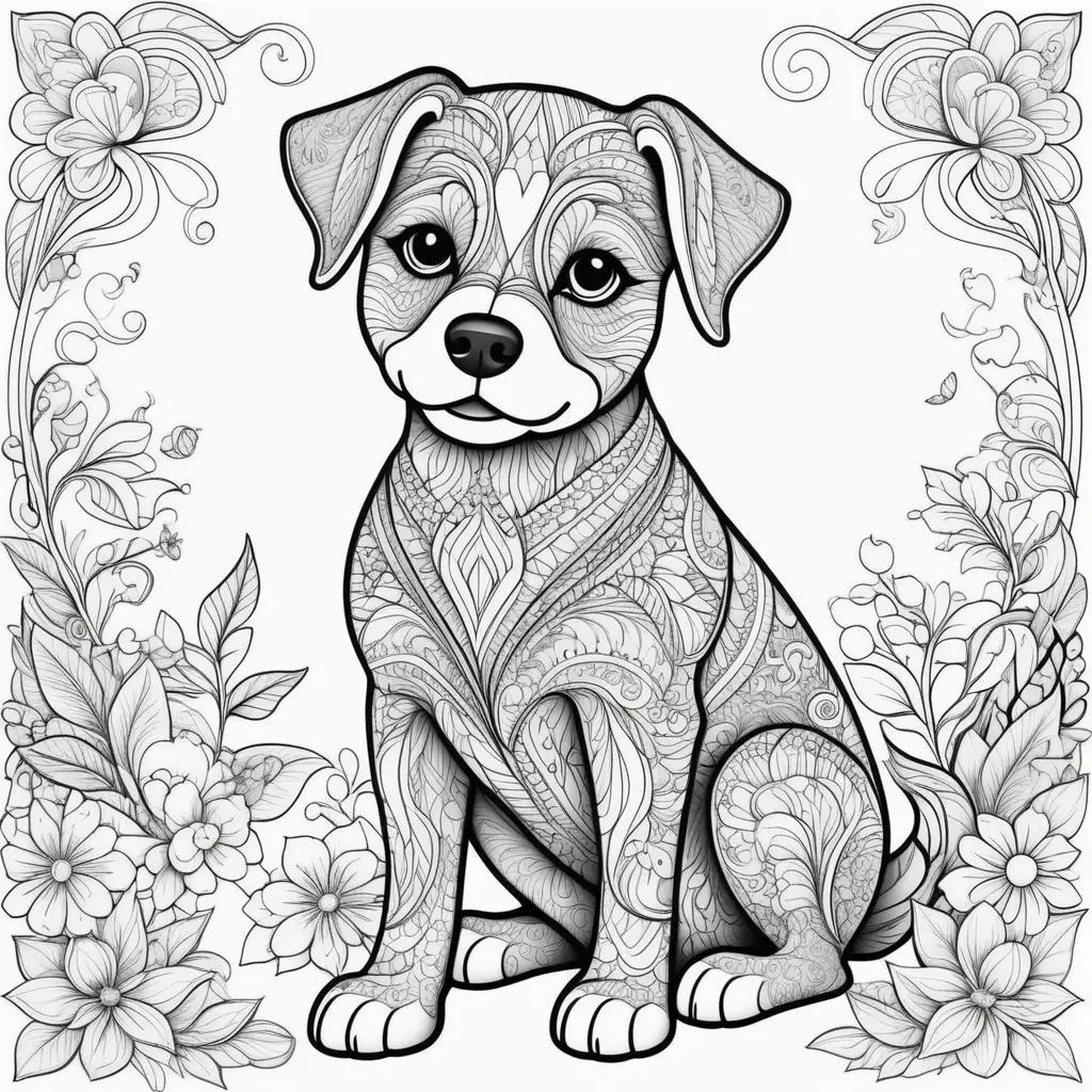 Dog coloring page with flowers and vines in black and white