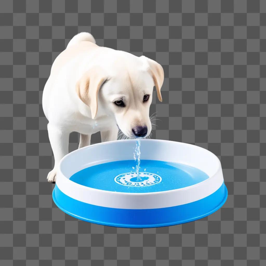 Dog drinks from blue water bowl on blue surface