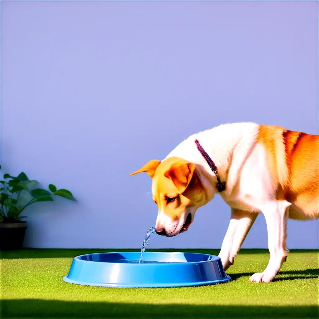 Dog drinks from blue water bowl on green grass