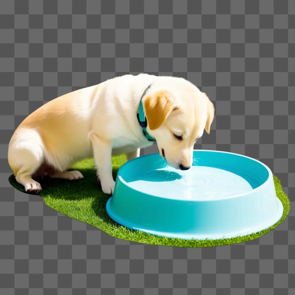 Dog drinks water from a blue bowl