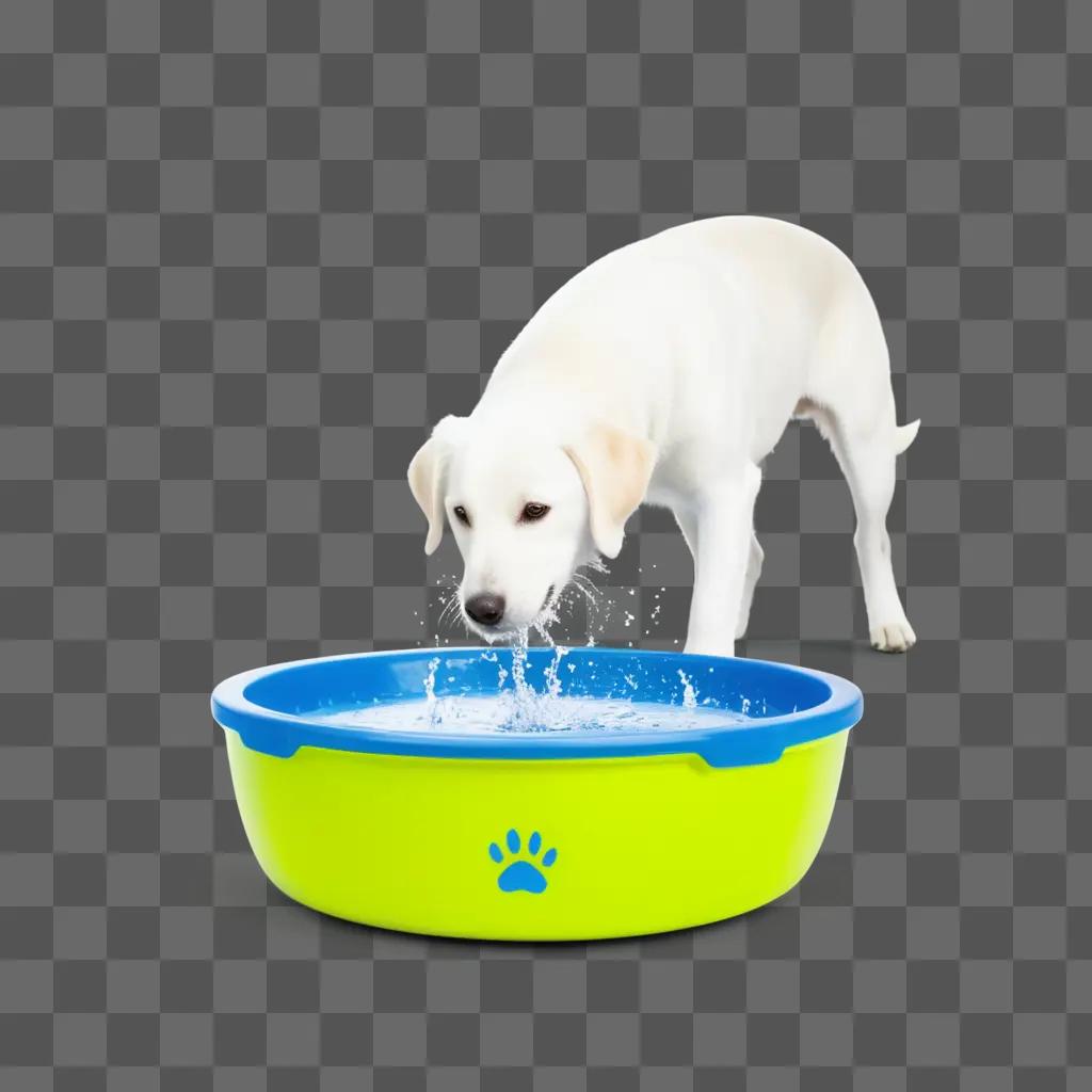 Dog drinks water from colorful bowl