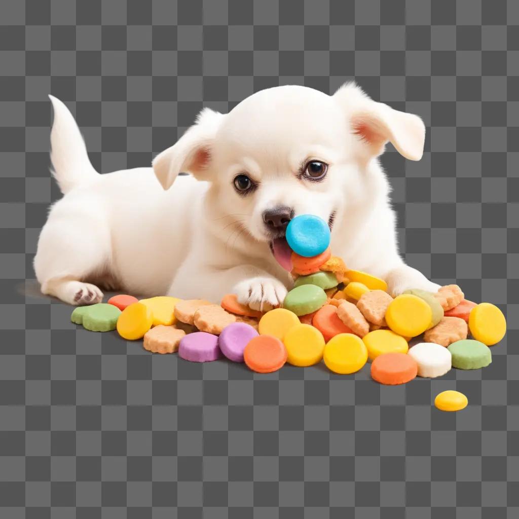 Dog enjoys a colorful treat on a brown surface