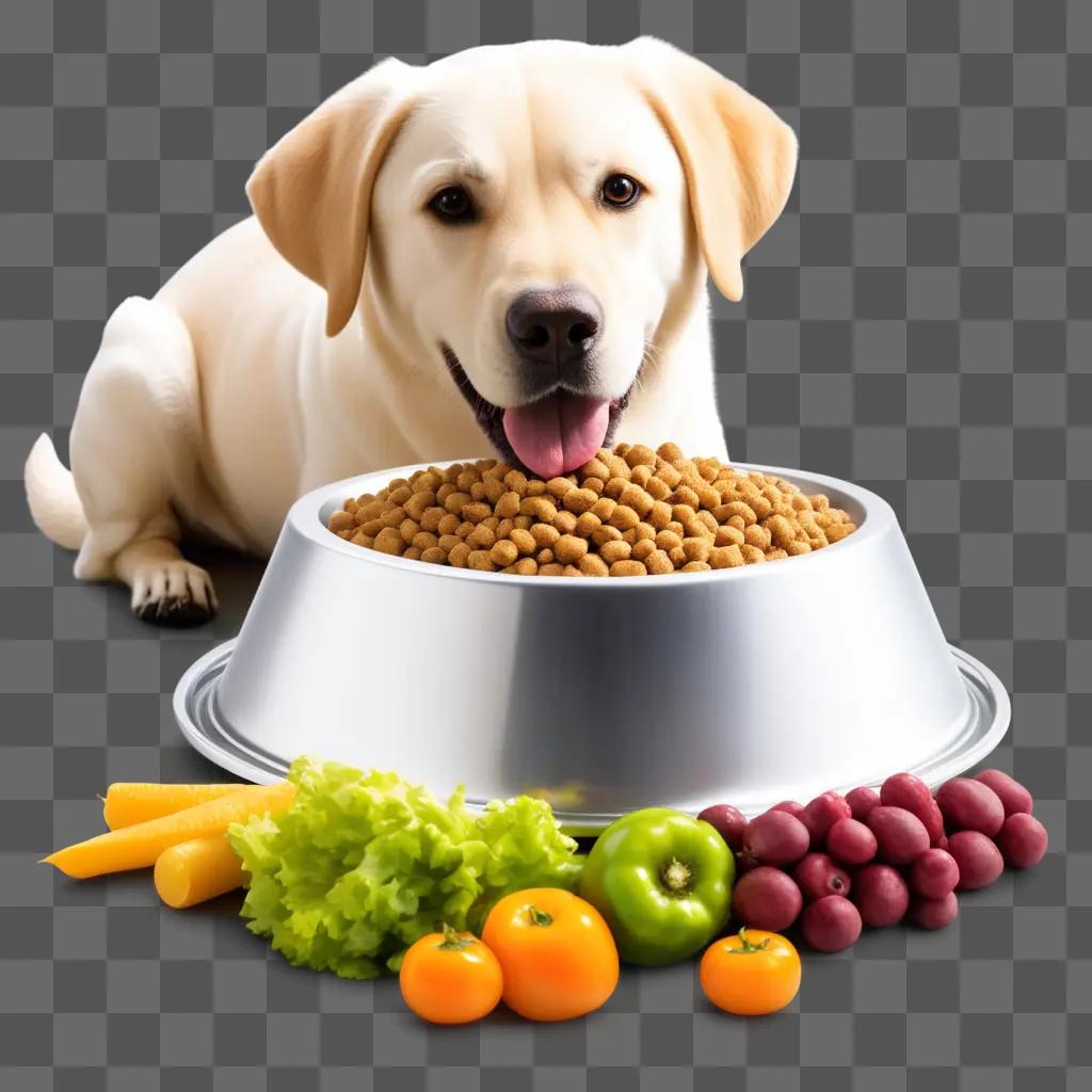 Dog food bowl on table with dog, vegetables and grapes