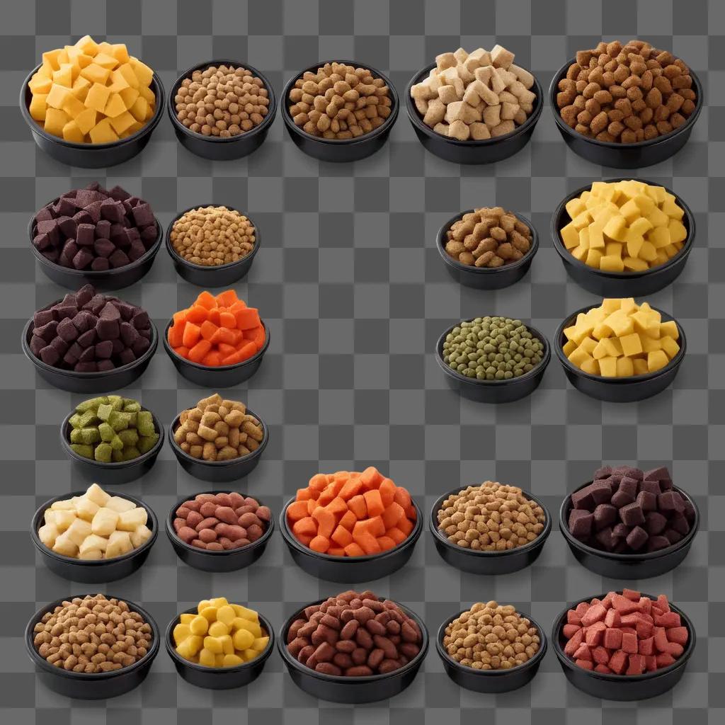 Dog food bowls with a variety of treats and cubes