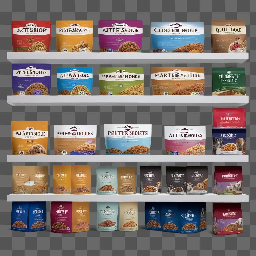 Dog food shelf with various brands on display