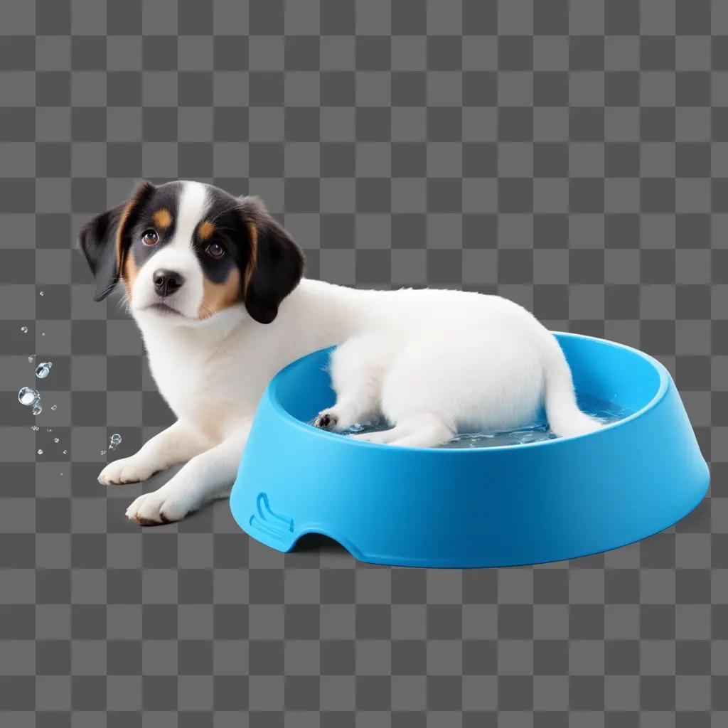 Dog in water bowl with bubbles around