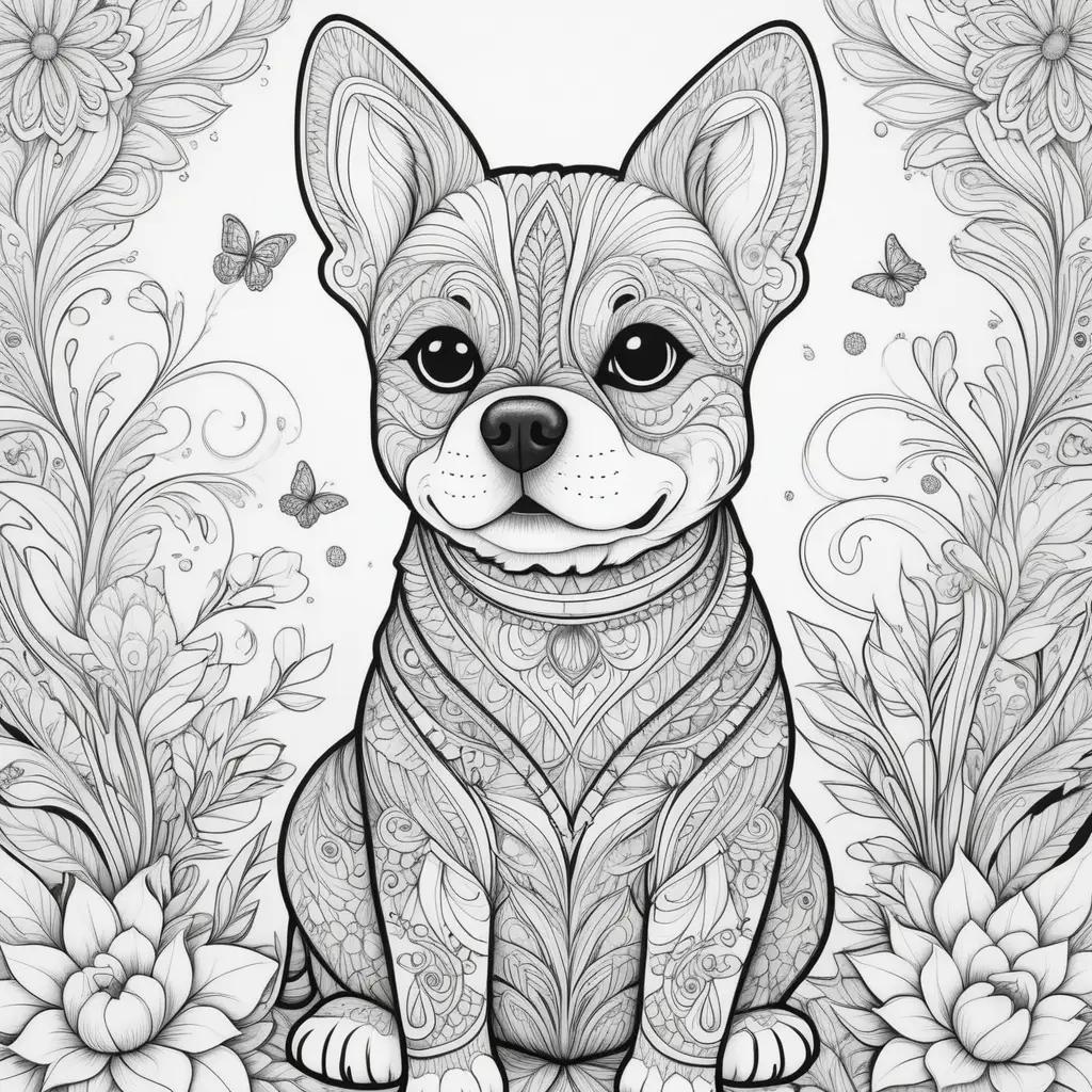 Dog man coloring pages with flowers and butterflies