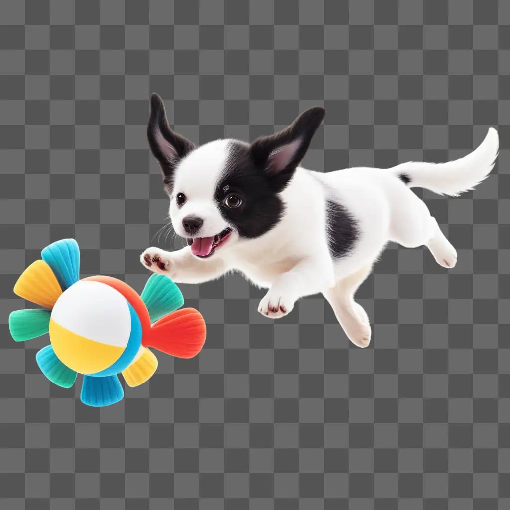 Dog plays with colorful toy on gray background