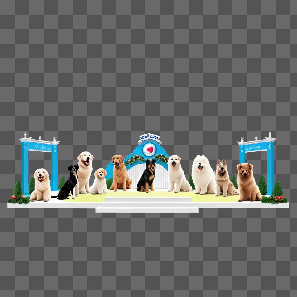 Dog show with seven dogs in front of a blue backdrop