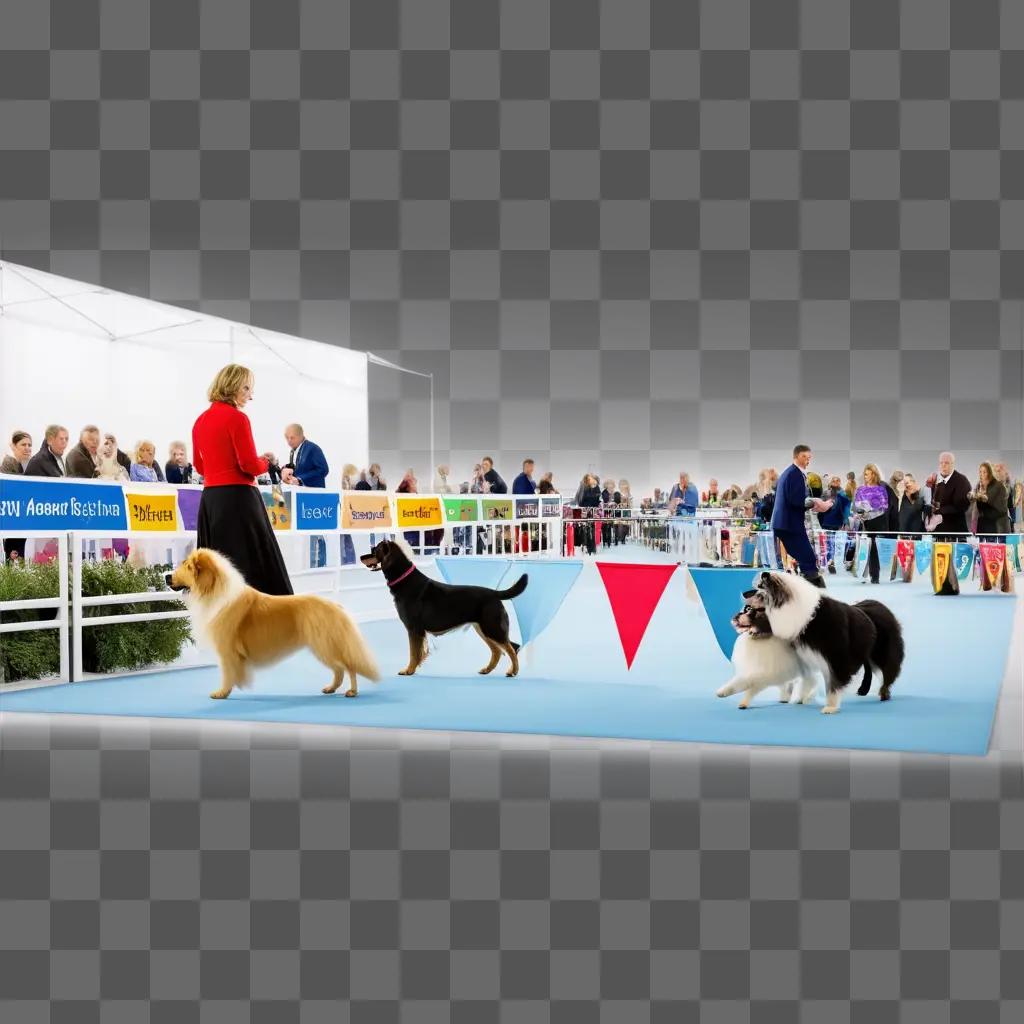 Dog show with three dogs and crowd of people