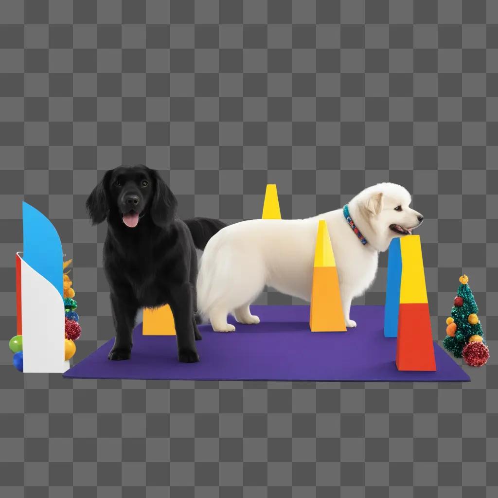 Dog show with white and black dog and colorful decorations