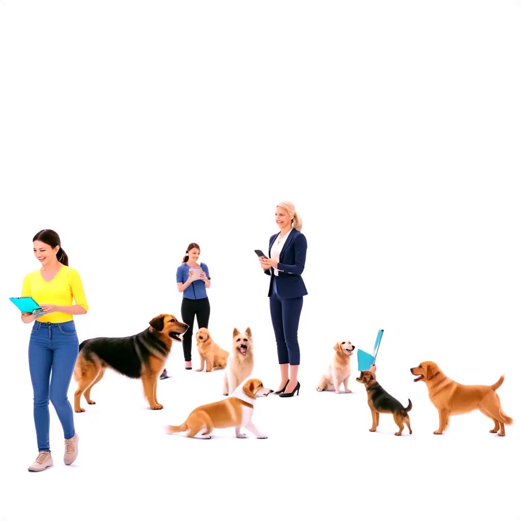 Dog show with women and their dogs in front of a white wall