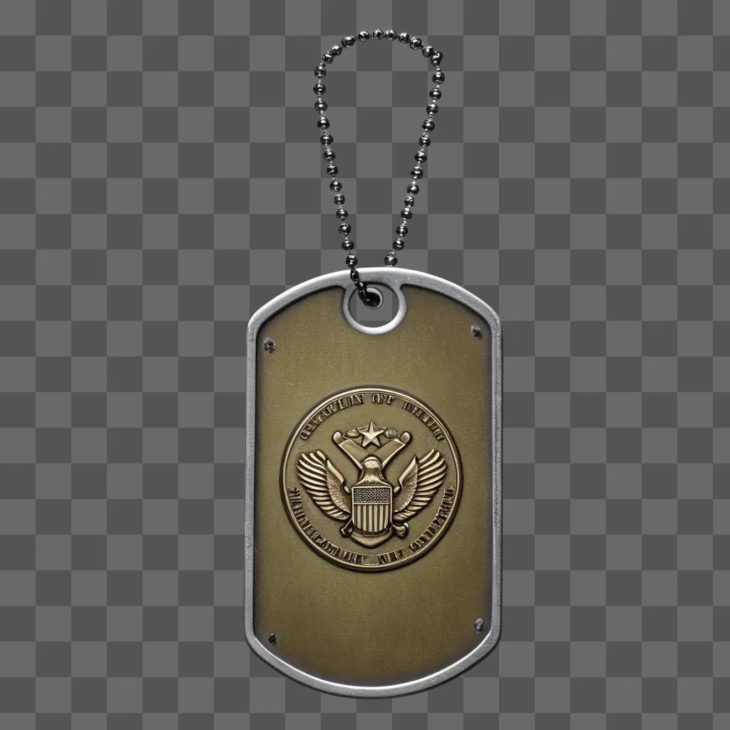 Dog tags hanging from a chain on a beige background