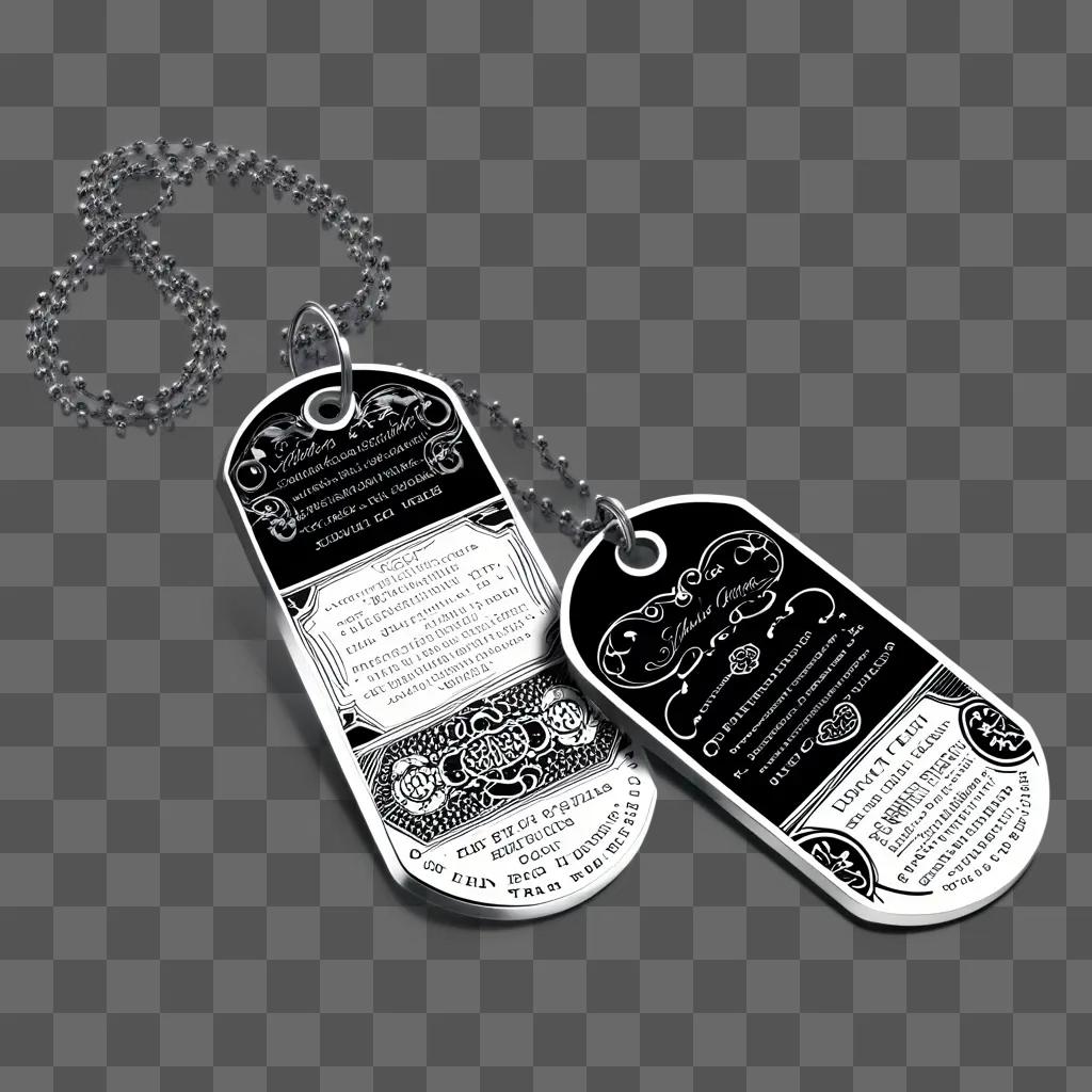 Dog tags on chain, black and white, in a room