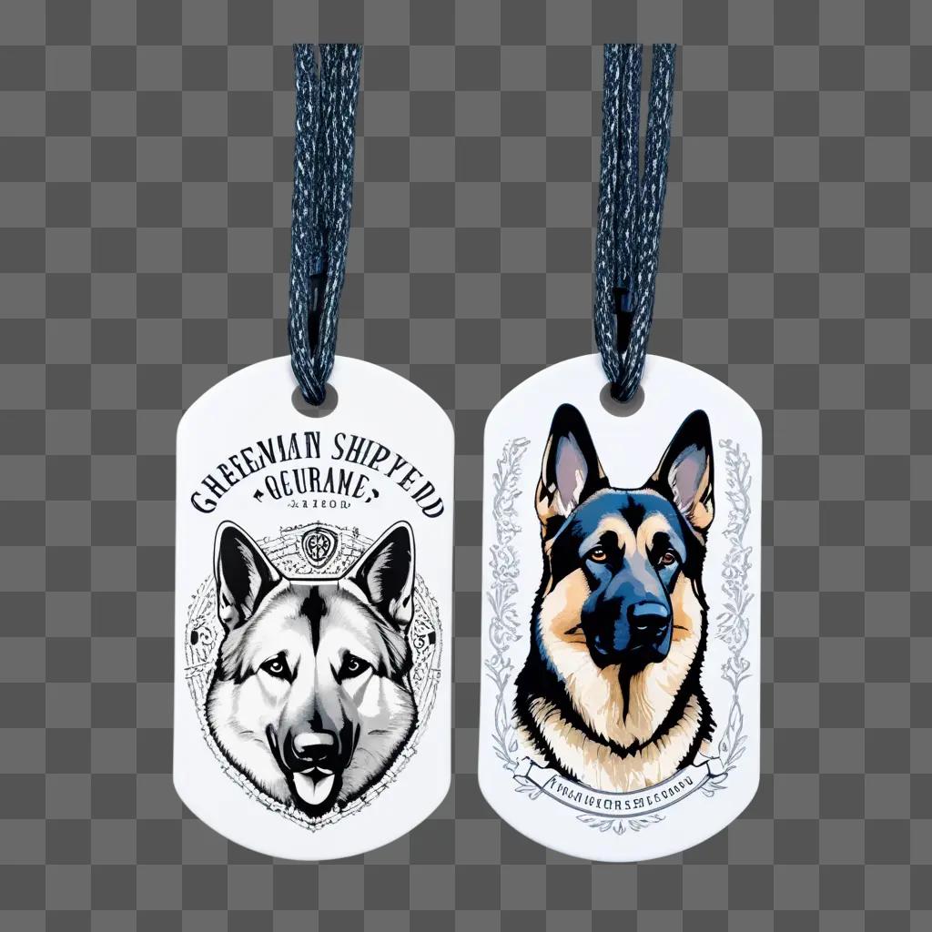 Dog tags with German Shepherd designs hanging from a cord