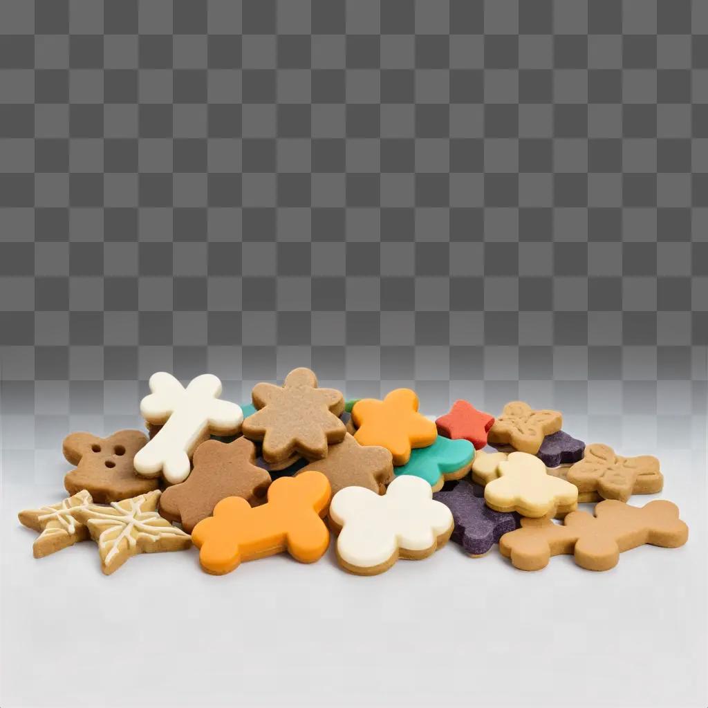 Dog treats are arranged in a pile on a white surface