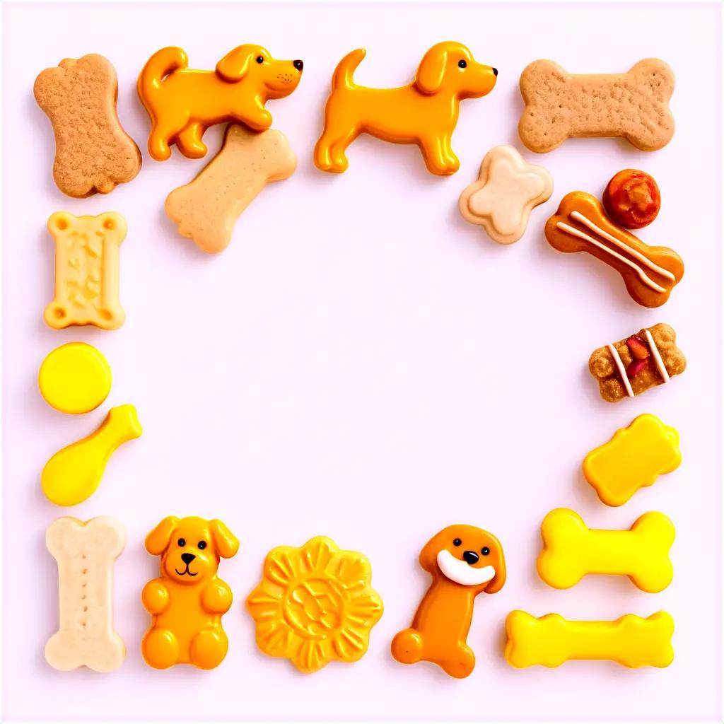 Dog treats arranged in a frame around a white background