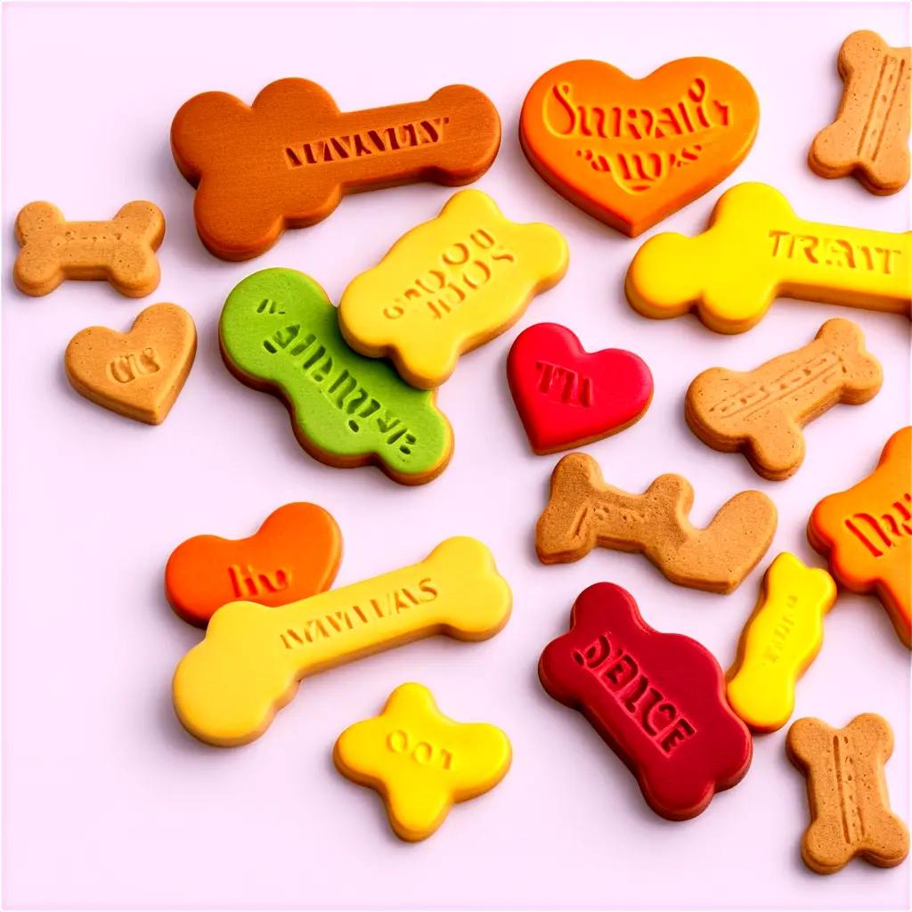 Dog treats in various colors and shapes on pink surface