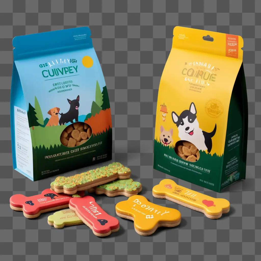 Dog treats on a table with colorful boxes