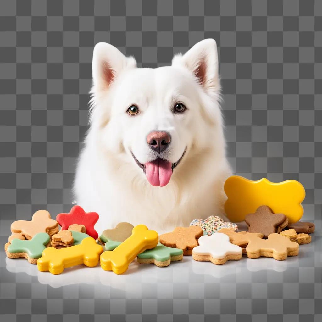 Dog treats sit in front of a smiling dog