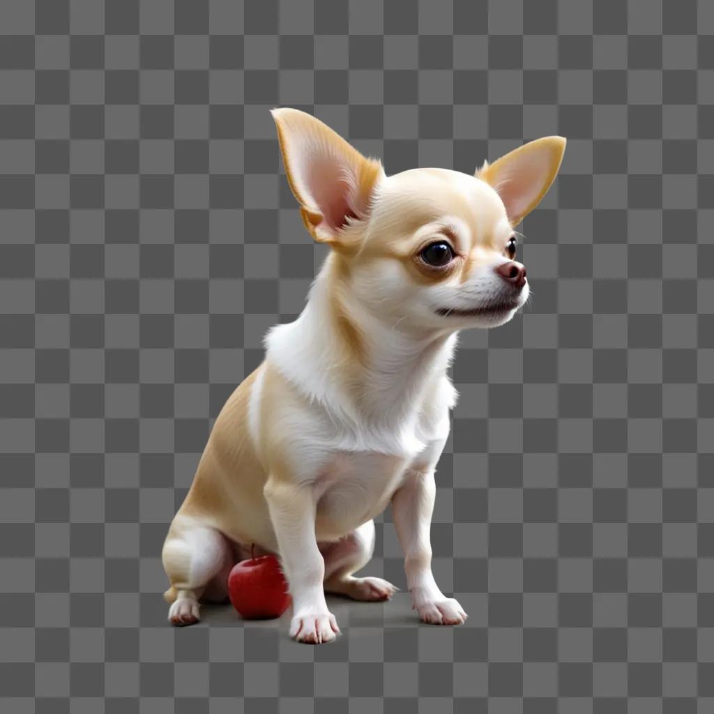 Dog with apple head sitting on a tan background