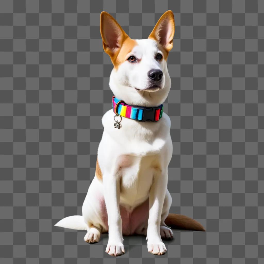 Dog with colorful collar sits on a gray surface