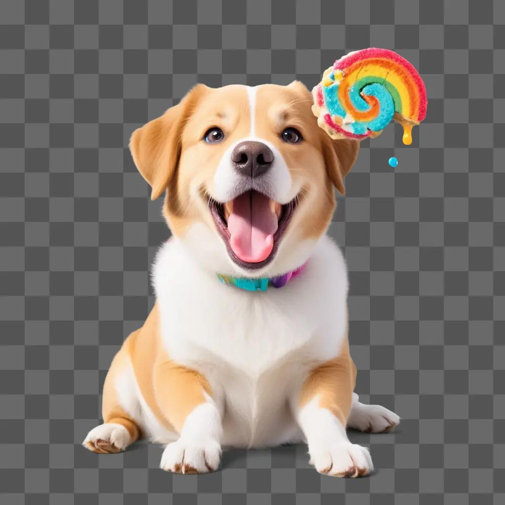 Dog with colorful treat in its mouth on a beige background