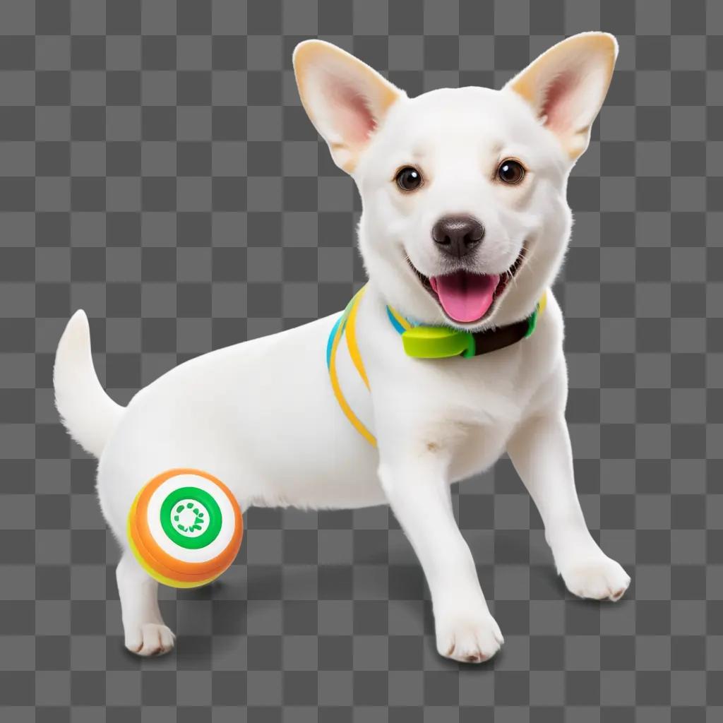 Dog with toy, wearing colorful collar and smiling