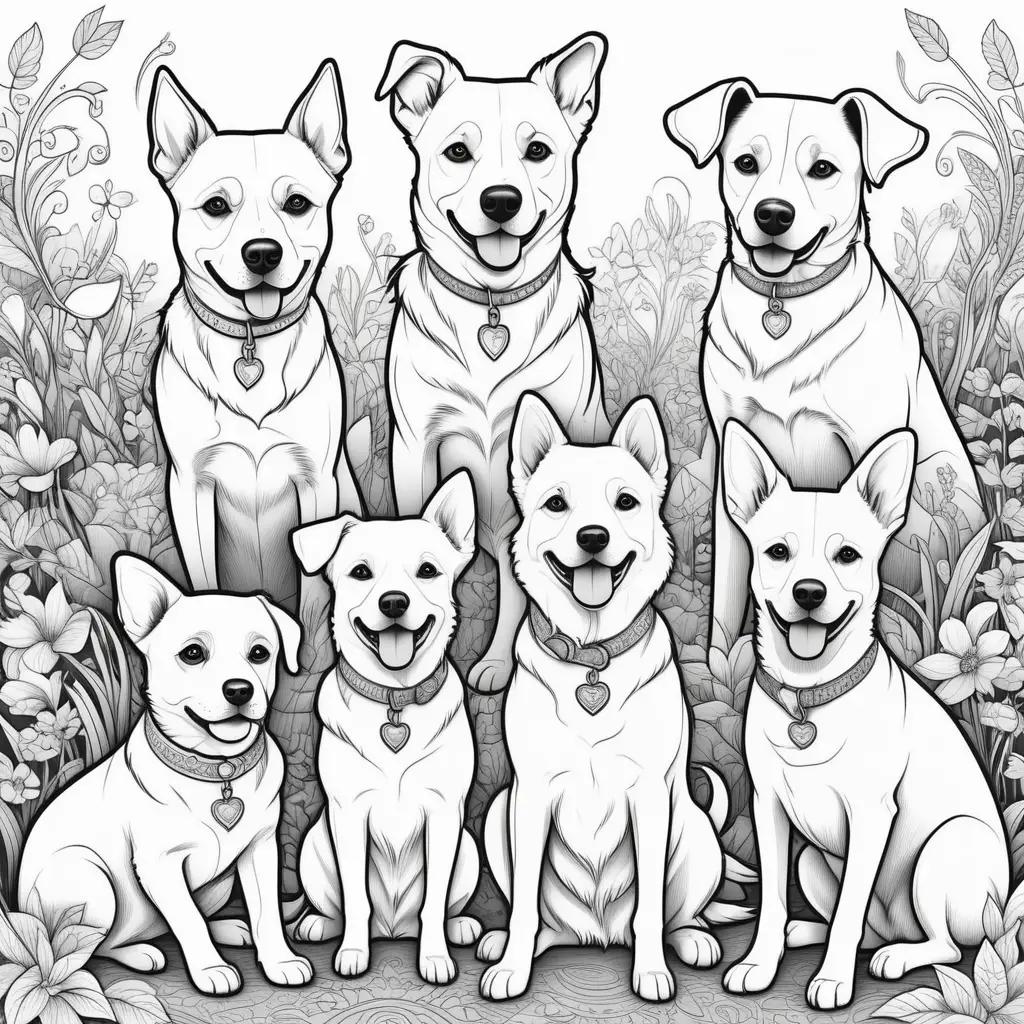 Dogs in a group coloring pages with hearts