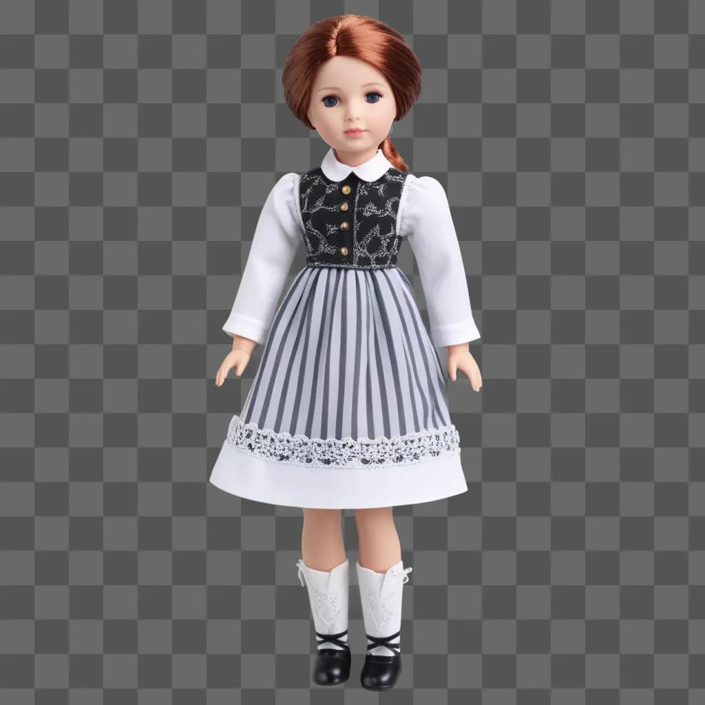 Doll with striped shirt and white dress posing for photo