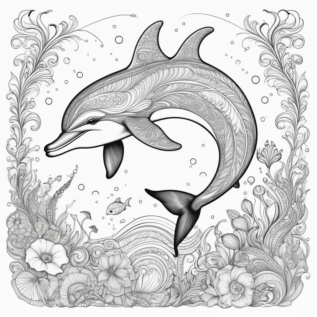 複雑な模様と海の生き物が描かれたイルカのぬりえ