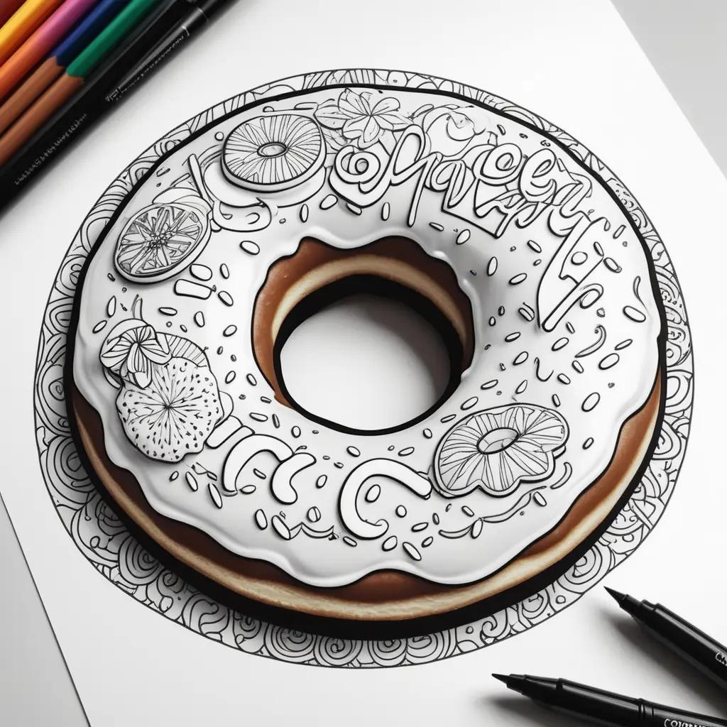 Donut coloring page with intricate details and colorful markers