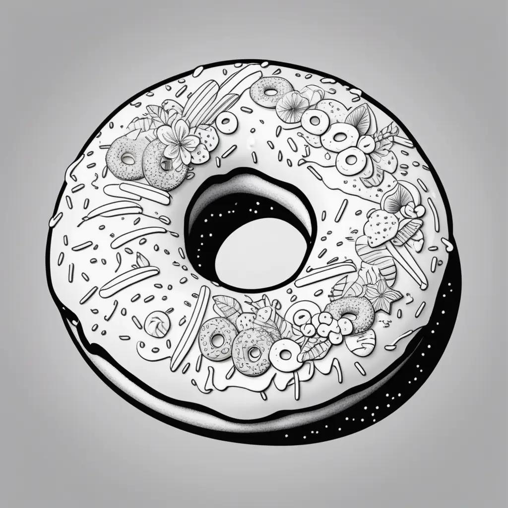 Donut with sprinkles, fruit and frosting in black and white color pages