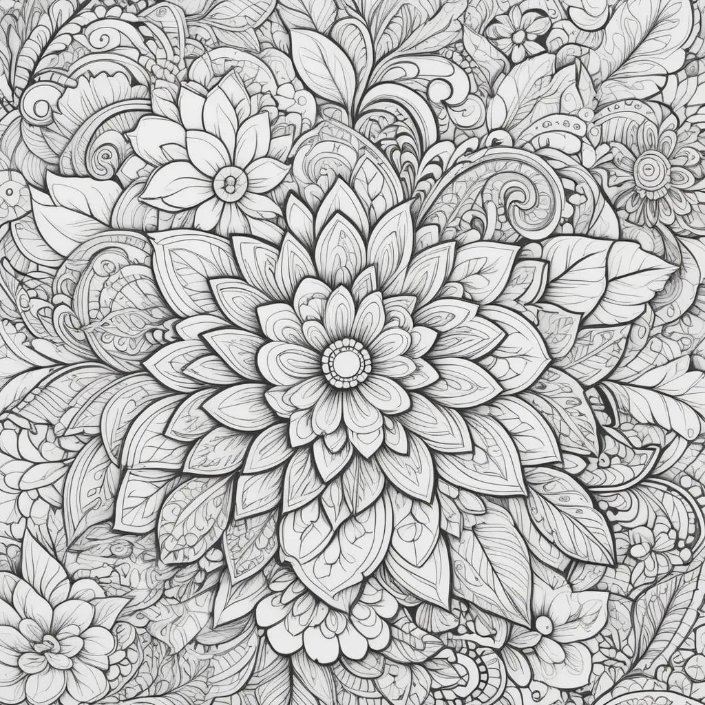 Doodle coloring pages of flowers and leaves