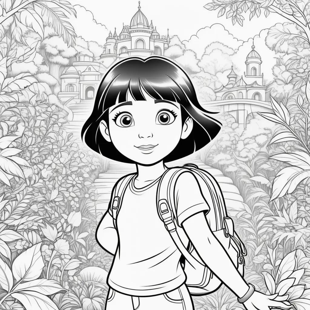 Dora coloring page with a girl and a backpack