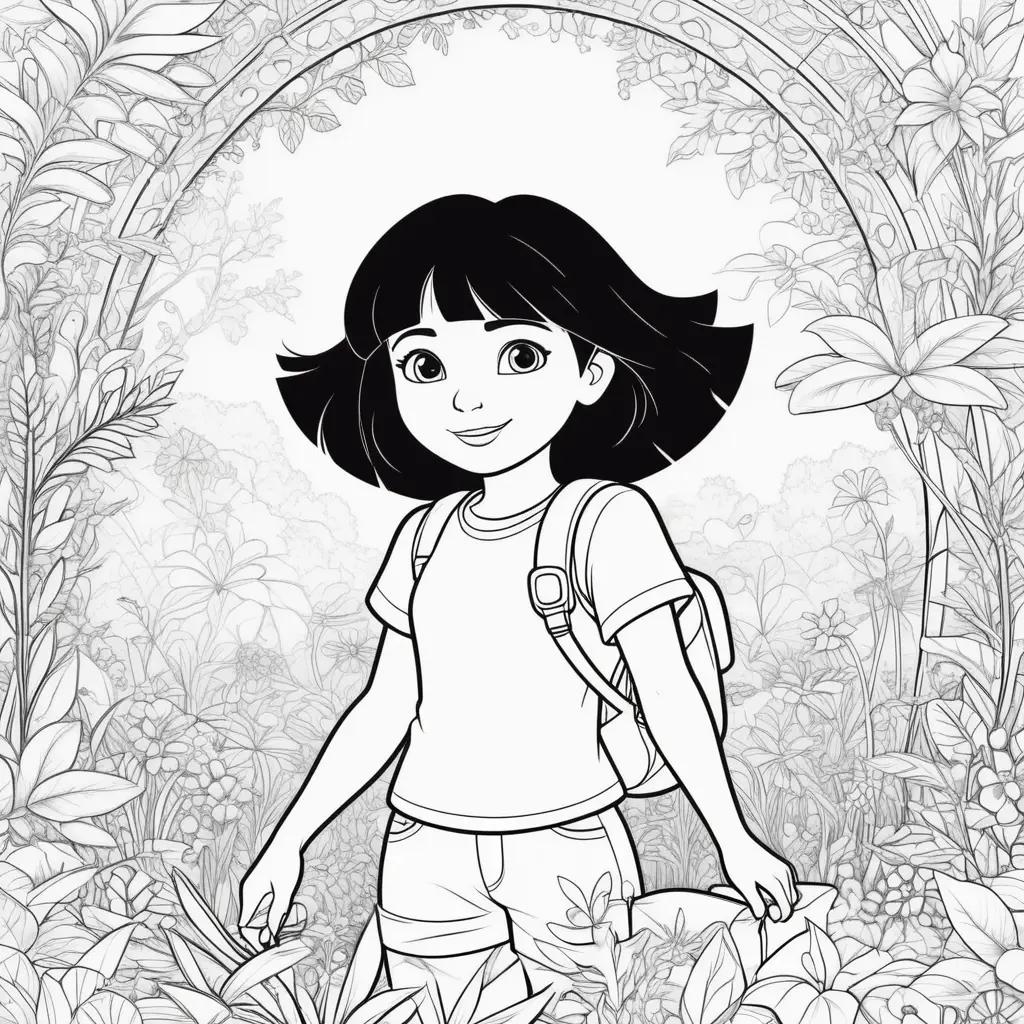 Dora coloring pages show her in a jungle scene