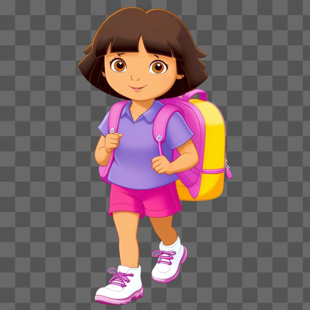 Dora walks with her backpack on a pink background