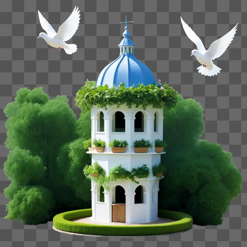 Doves in a transparent dome on a green hill